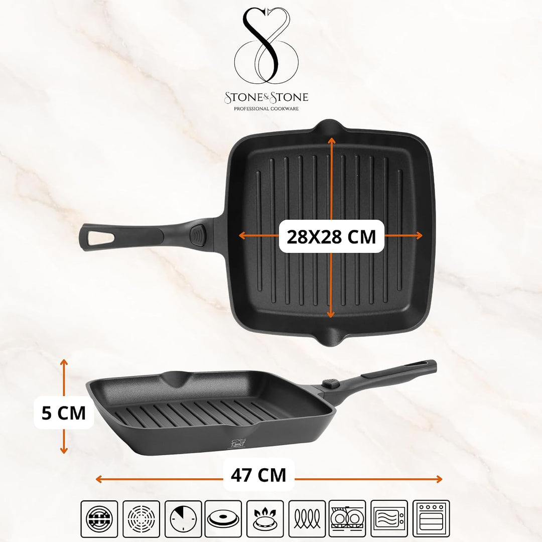 Stone&amp;Stone Quadratische Grillpfanne 28x28 cm | Profi Bistecchiera | Deutsche Antihaftbeschichtung G
