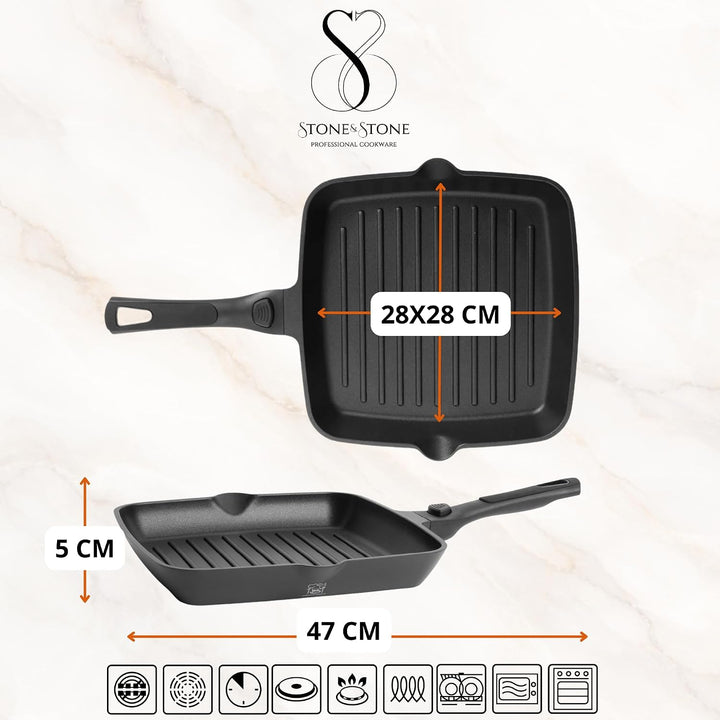 Stone&amp;Stone Quadratische Grillpfanne 28x28 cm | Profi Bistecchiera | Deutsche Antihaftbeschichtung G