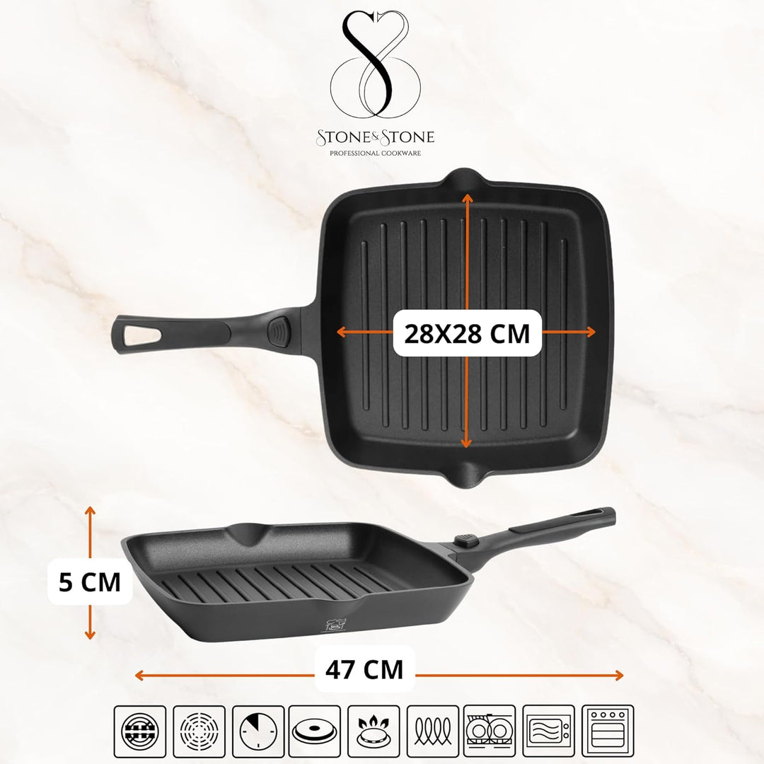 Stone&Stone Quadratische Grillpfanne 28x28 cm | Profi Bistecchiera | Deutsche Antihaftbeschichtung G