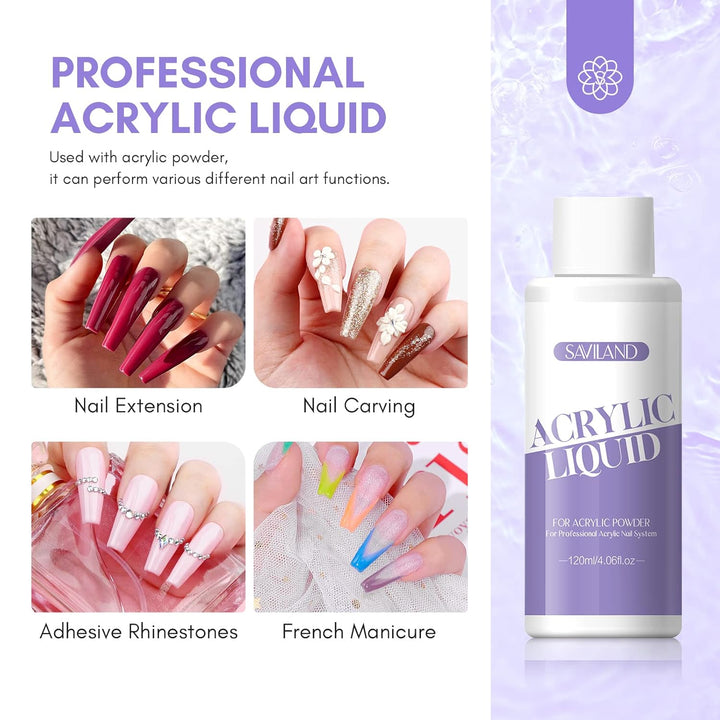 SAVILAND Acryl Liquid für Acrylic Nägel– 120ML Monomer for Acrylic Acrylpulver mit Acrylpinsel 12#,N