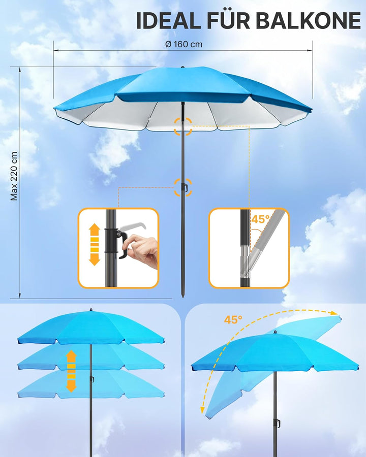 4smile Sonnenschirm Strand SunnyJoy, Blau - UPF 50+ Strandschirm Ø 160 cm, sicherer Sonnenschutz Str