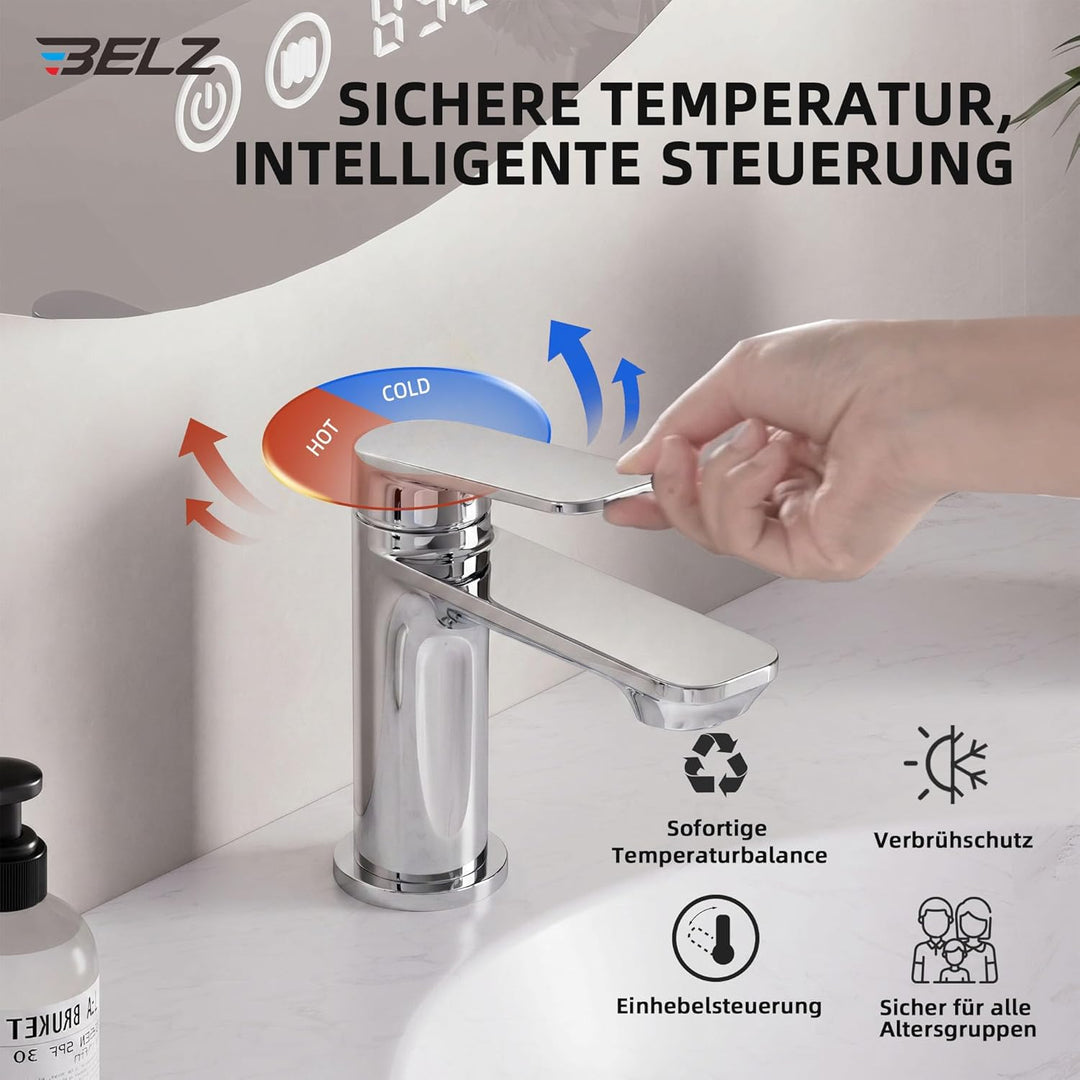 BELZ Wasserhahn Bad Einhebel Mischbatterie aus Messing, Wasserhahn fürs Badezimmer, Wassersparend &