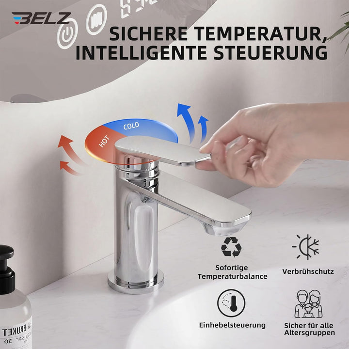 BELZ Wasserhahn Bad Einhebel Mischbatterie aus Messing, Wasserhahn fürs Badezimmer, Wassersparend &