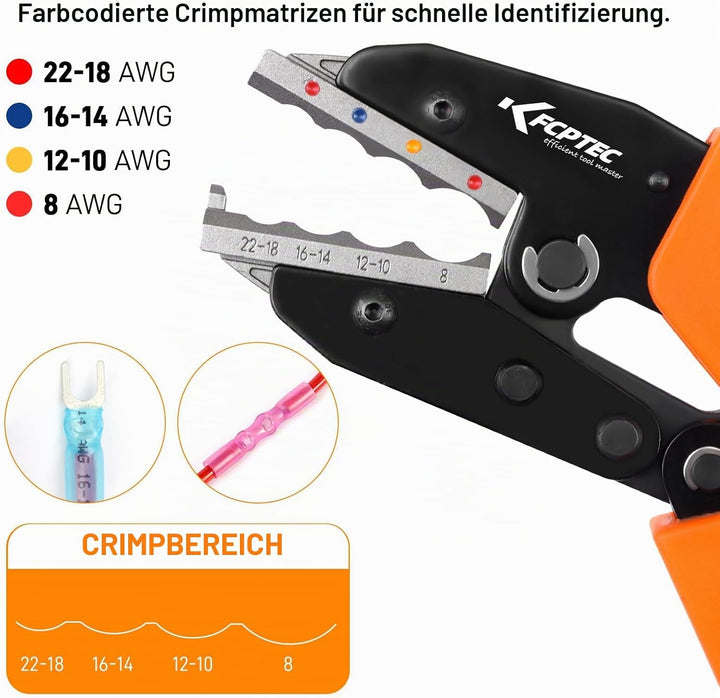 KF CPTEC Crimpzange für Schrumpfverbinder 0,5-8,0 mm² (AWG 22-8) – Krimperzange Kabelschuhe mit Rats