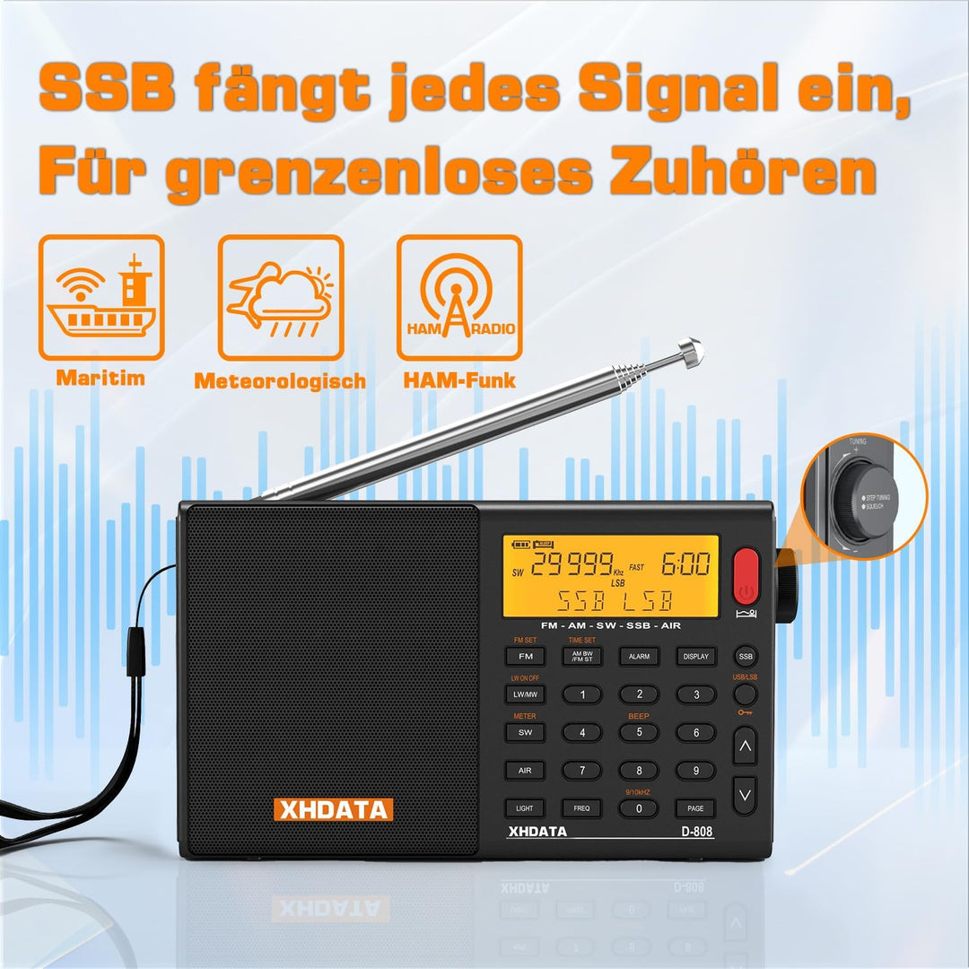 XHDATA D808 Tragbares Digitales Radio, Weltempfänger Radio, Kurzwellenempfänger, UKW-Stereo/KW/MW/LW