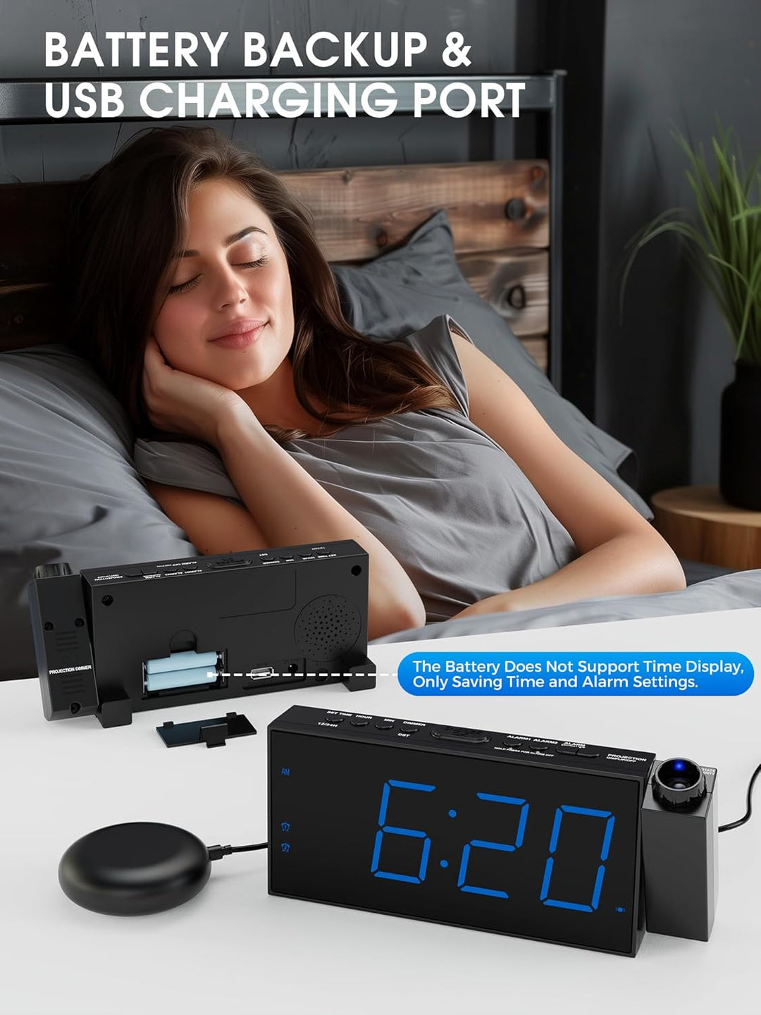 Mesqool Projektionswecker für Schlafzimmer, Lauter Vibrationswecker für Schwerschläfer, Hörgeschädig