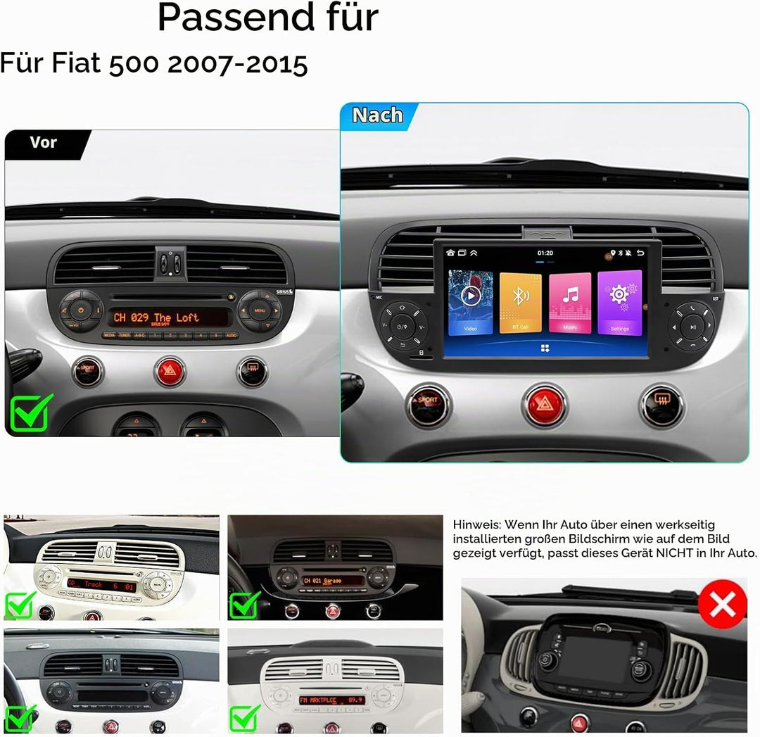 Android Autoradio für FIAT 500 2007-2015, 7-Zoll Radio 2+32GB Headunit mit kabellosem Carplay/Androi
