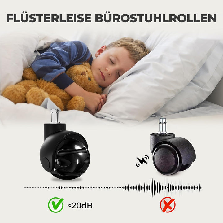 Sytopia Bürostuhl Rollen 5er Set in Schwarz, Rollen für Bürostühle 11 x 22 mm für Teppichböden, Hart