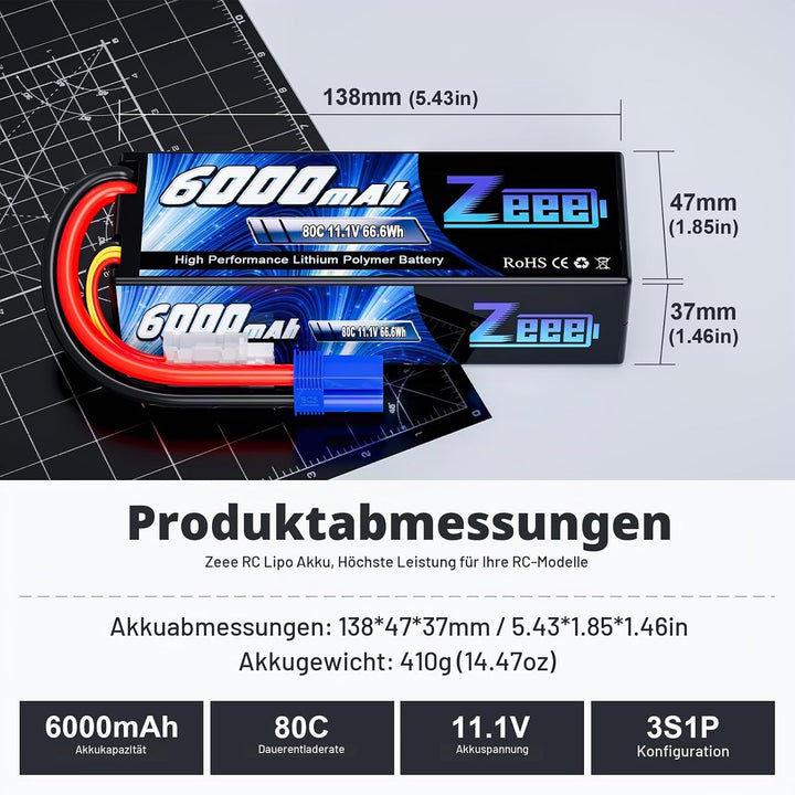 Zeee 3S Lipo Akku 11,1V 80C 6000mAh Hardcase Batterie mit EC5 Stecker für RC Car RC Truck RC Auto Bo