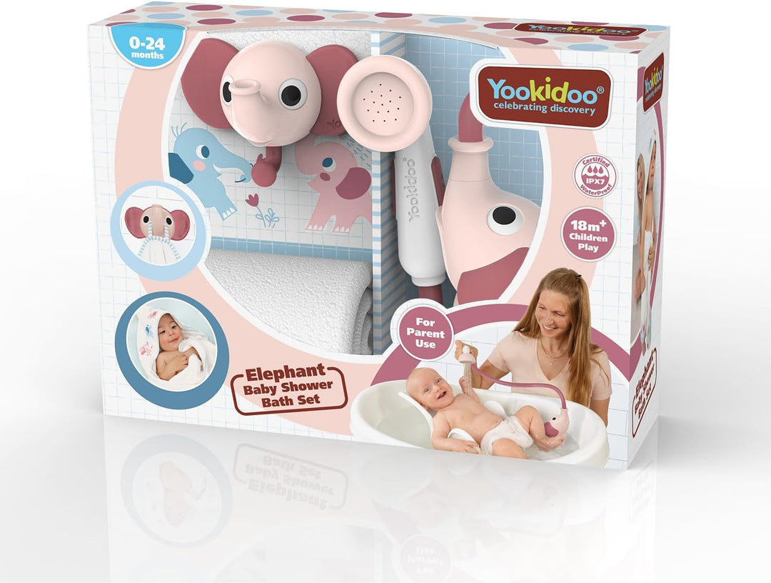 Yookidoo Duschkopf für Baby-Badewanne, Elefanten-Wasserpumpe mit Stammauslauf und Spüler, kontrollie