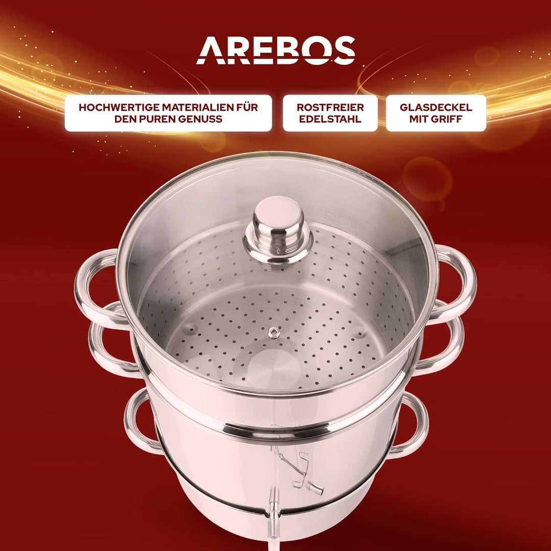 Arebos Dampfentsafter | 15 L | Edelstahl | für alle Herdarten geeignet auch Induktion| Ø 26cm | spül