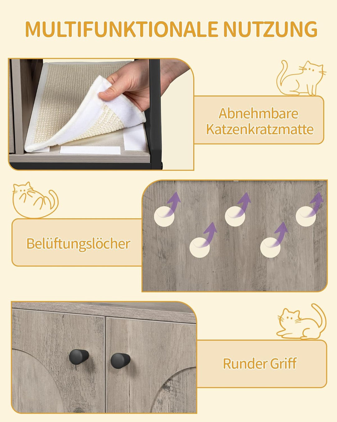 Hzuaneri Kratzbaum mit Katzenklo-Schrank, Katzenschrank, 4-in-1 Modernes Katzenhaus mit Grosser Plat