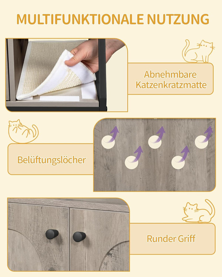 Hzuaneri Kratzbaum mit Katzenklo-Schrank, Katzenschrank, 4-in-1 Modernes Katzenhaus mit Grosser Plat