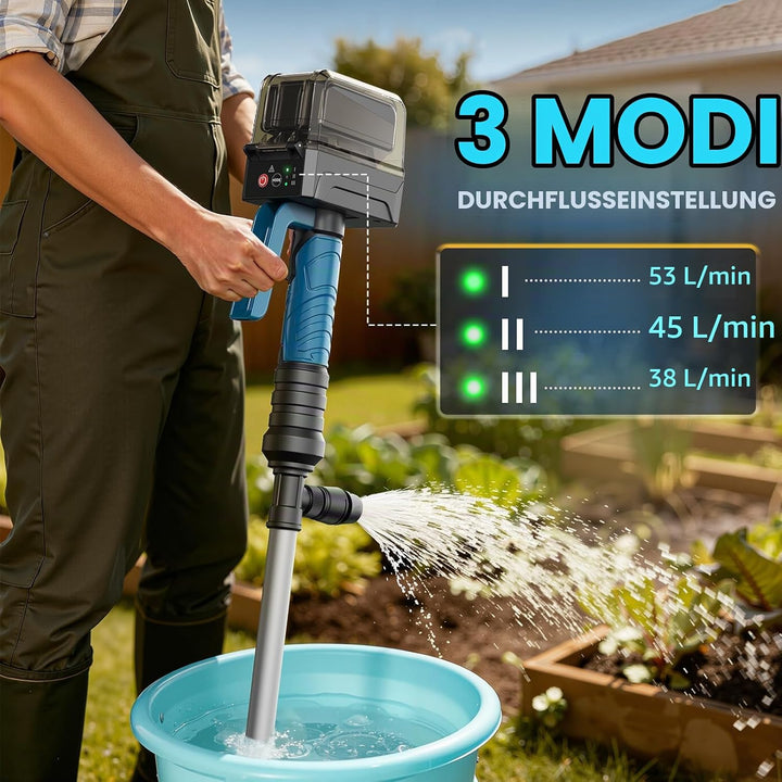Ecarke Akku-Regenfasspumpe kompatibel mit Makita 18V – Fördermenge 3000 L/h, 8 m Förderhöhe, Auto-St