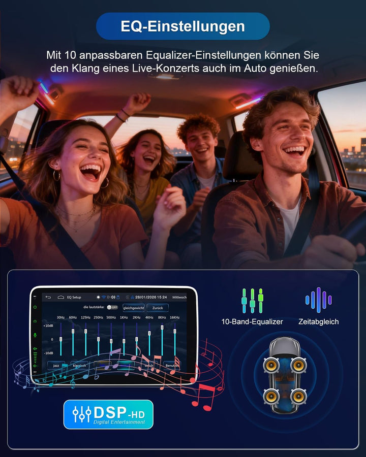 Autoradio 1Din mit 10 Zoll Bildschirm, 1 DIN Car Radio mit Wireless Apple CarPlay & Android Auto, Bl