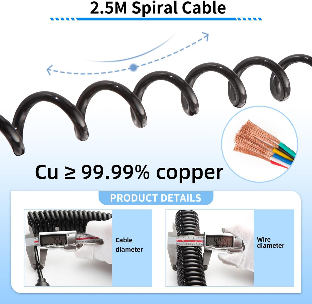 Anhängerkabel 7 Polig Spiralkabel 7 Polig Anhänger Stecker auf Stecker für KFZ Anhänger 2.5 Meter 2,