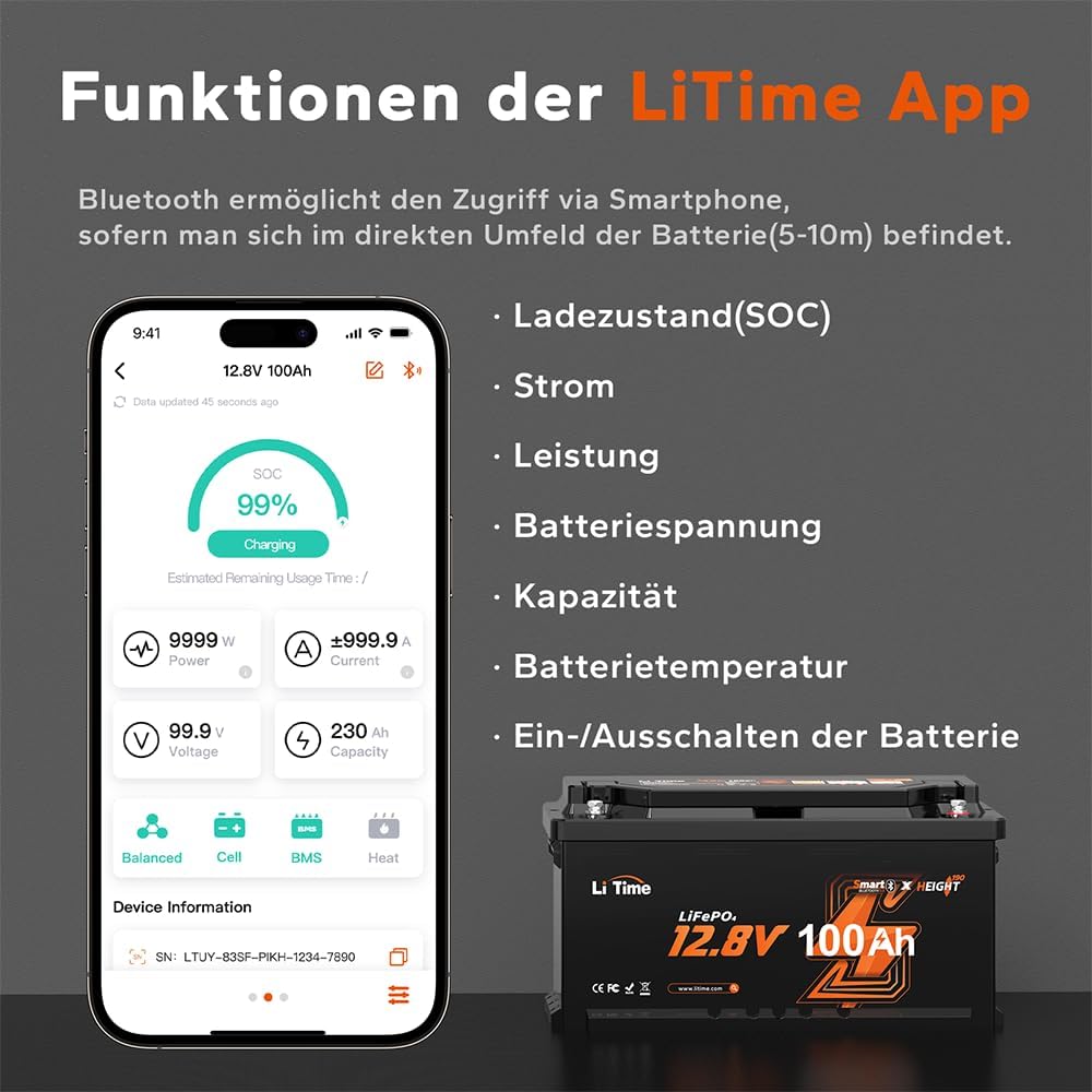 LiTime 12V 100Ah LiFePO4 Wohnmobil Batterie mit Bluetooth &amp; 100A BMS, Tieftemperaturschutz, 4000-150