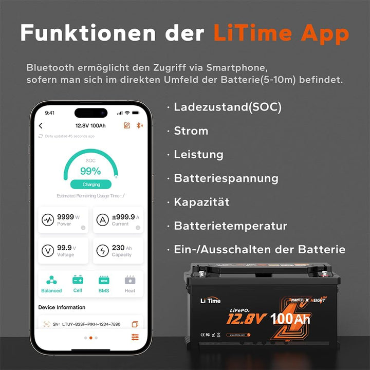 LiTime 12V 100Ah LiFePO4 Wohnmobil Batterie mit Bluetooth &amp; 100A BMS, Tieftemperaturschutz, 4000-150