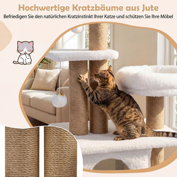 COSTWAY Kratzbaum, 96 cm, Katzenbaum mit Katzenhöhle, Plattform, Bett, grosser Basis & 2 Bällen, Dic