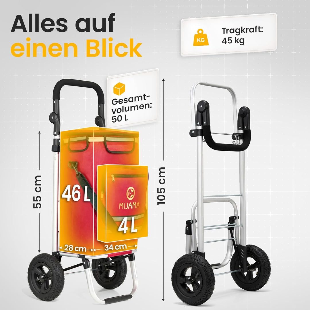 Einkaufstrolley klappbar mit Lufträdern 45 kg – Einkaufswagen faltbar wasserabweisend mit Kühlfach –