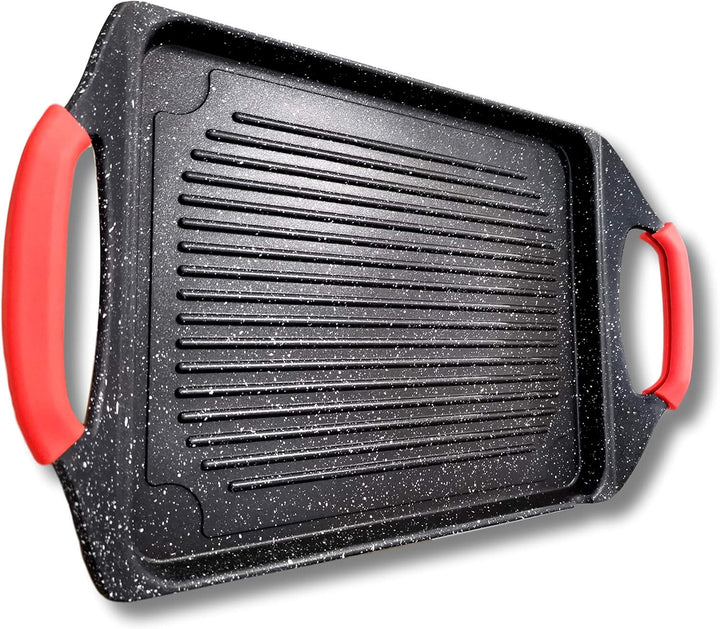 Greblon C3 Grillplatte in Steinoptik, 45 x 27 cm, ohne PFOA, abnehmbare Silikongriffe, alle Herdarte