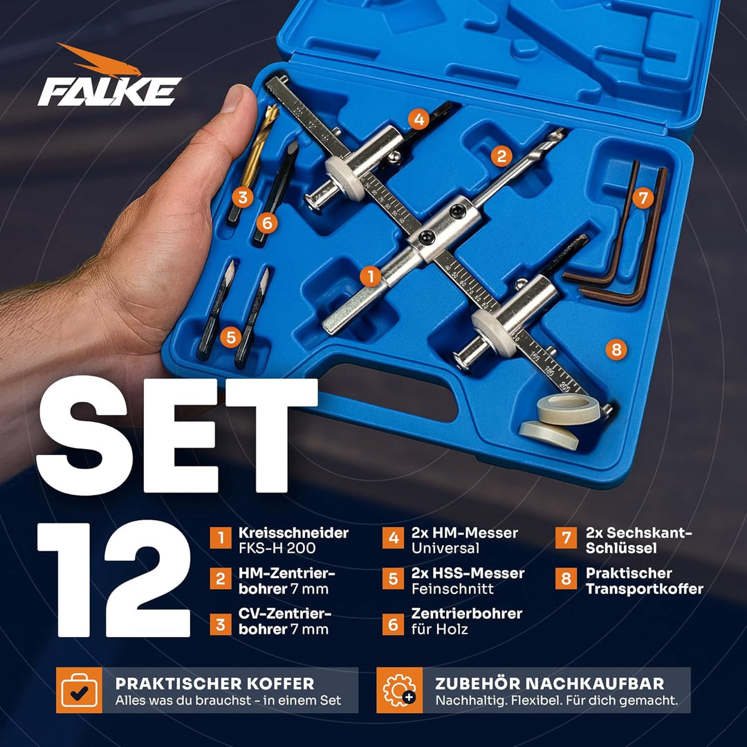Falke Kreisschneider FKS-H 200 - Universal für Holz, Kunststoff, Gipskarton | Durchmesser stufenlos