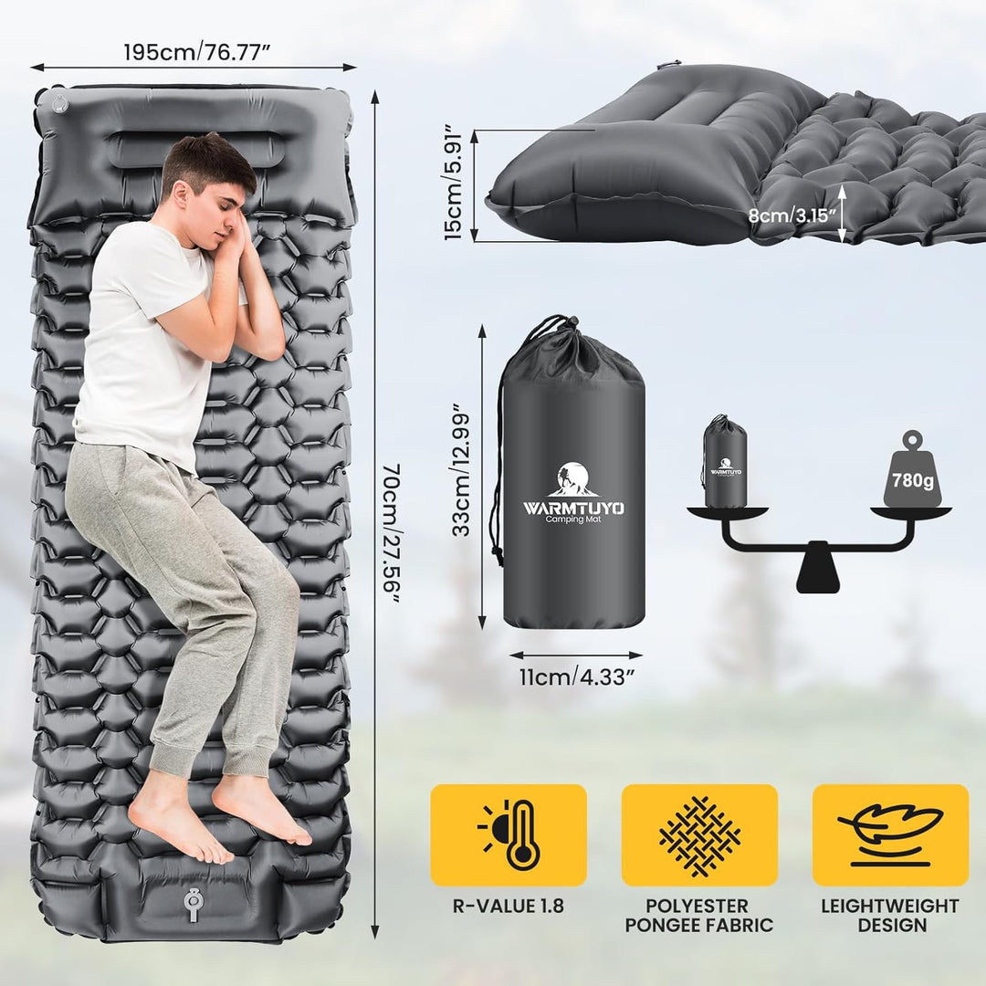 Isomatte Selbstaufblasend, Ultraleicht Camping Aufblasbare Matratze mit Fusspresse Pumpe und Kopfkis