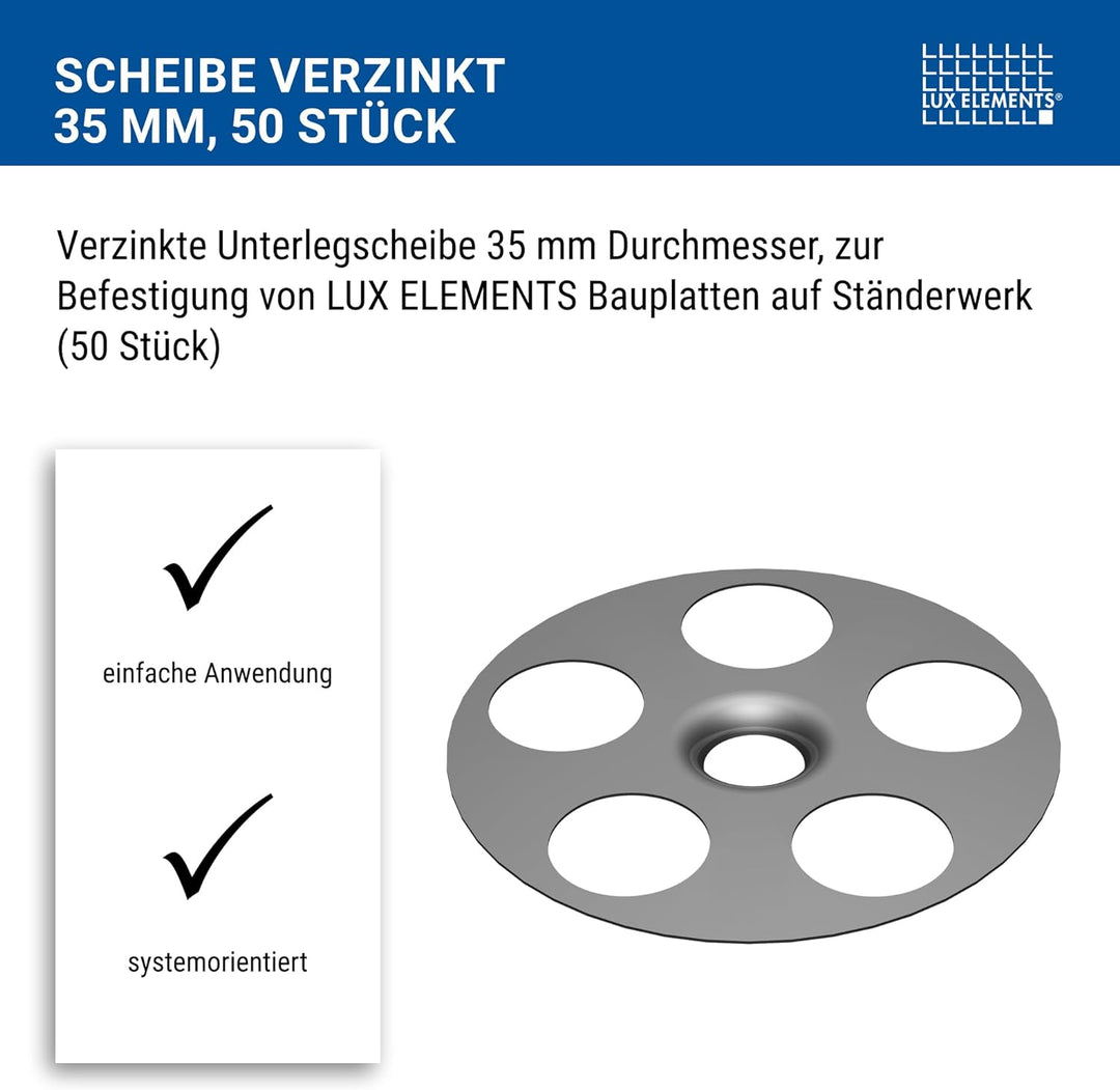 LUX ELEMENTS Unterlegscheibe 35mm FIX-S 50 Stk. I 10x verzinkte Unterlegscheiben mit Stärke 0,7mm fü