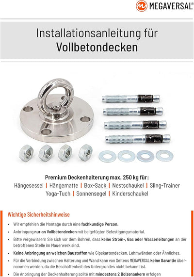 MEGAVERSAL Premium Edelstahl Halterung bis 250 kg | Befestigung für Hängesessel Hängematte Boxsack L