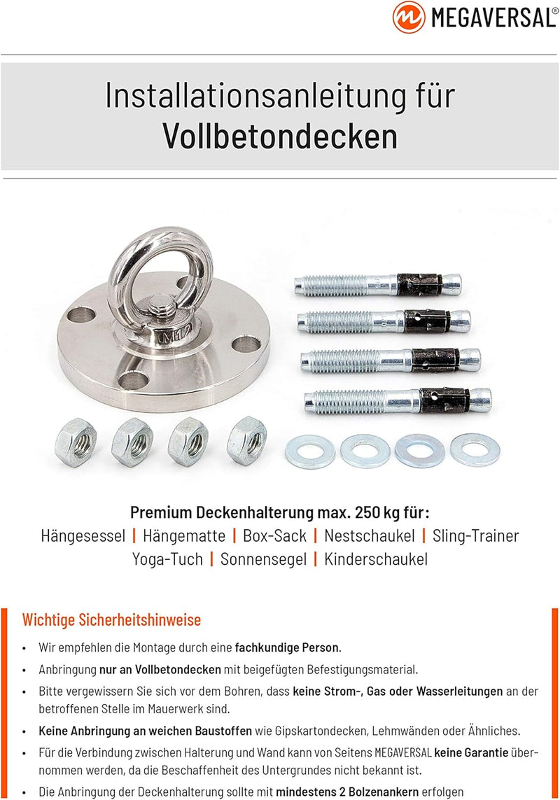 MEGAVERSAL Premium Edelstahl Halterung bis 250 kg | Befestigung für Hängesessel Hängematte Boxsack L