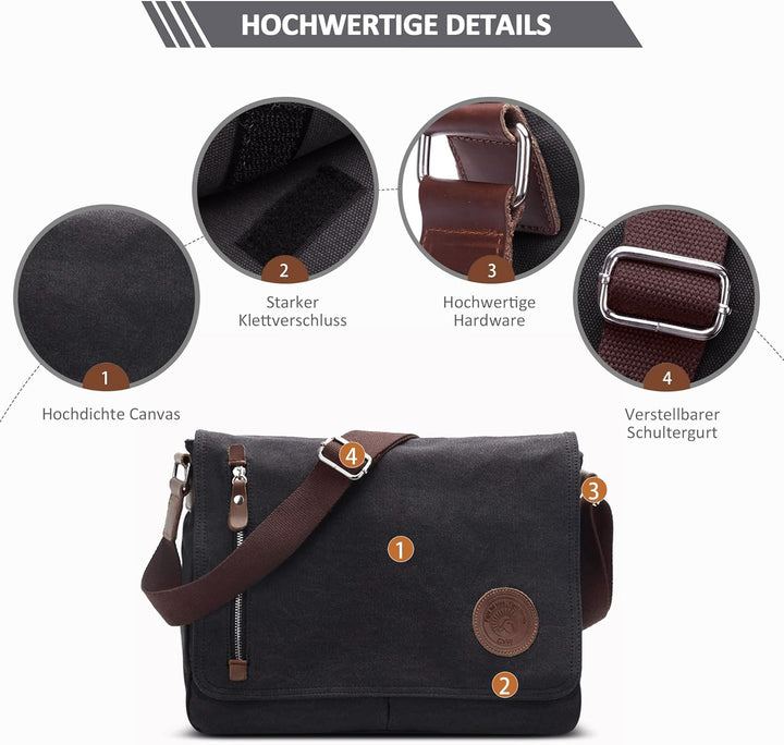 DORRISO Mode Umhängetasche Herren Schultertasche Canvas Schultertaschen für 14 Zoll Laptop Kuriertas