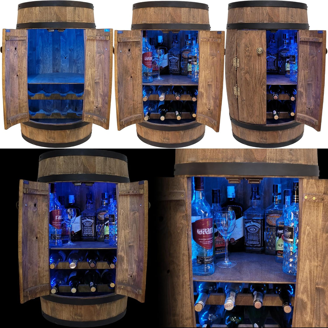 weeco Fassbar mit Tür und Weinregal RGB LED Beleuchtung, Hausbar Weinrack 80x50cm. Rustikaler deko B