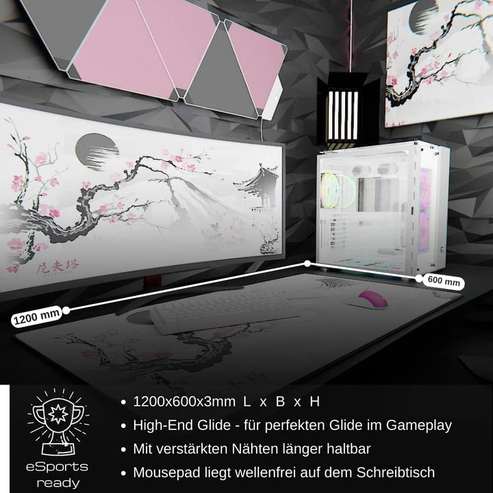 Nyfter - 3XL Gaming Mauspad Sakura Weiss 1200 x 600mm Premium Fuji Mousepad Size Gross vernähte Kant
