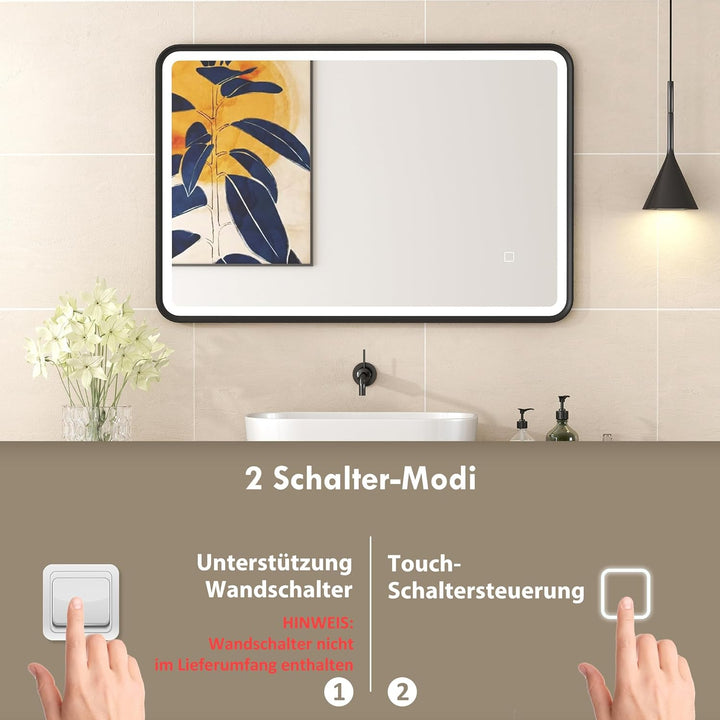 HOMCOM Badspiegel mit Beleuchtung 90x60 cm LED Spiegel mit 3 Lichtfarben Dimmbar, Hintergrundbeleuch