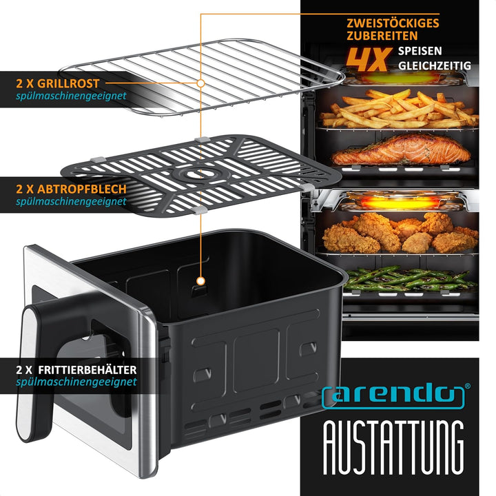 Arendo – Heissluftfritteuse XXL Edelstahlgehäuse - 2 Kammern Doppelstock – 11 Liter Airfryer 2 Zonen