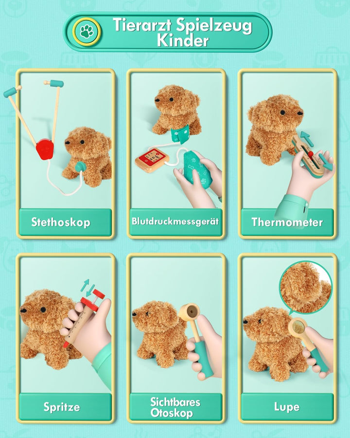 Arztkoffer Kinder Holz, Tierarzt Spielzeug Kinder, Doktorkoffer mit Kleidung und Hut, Arztkoffer Rol