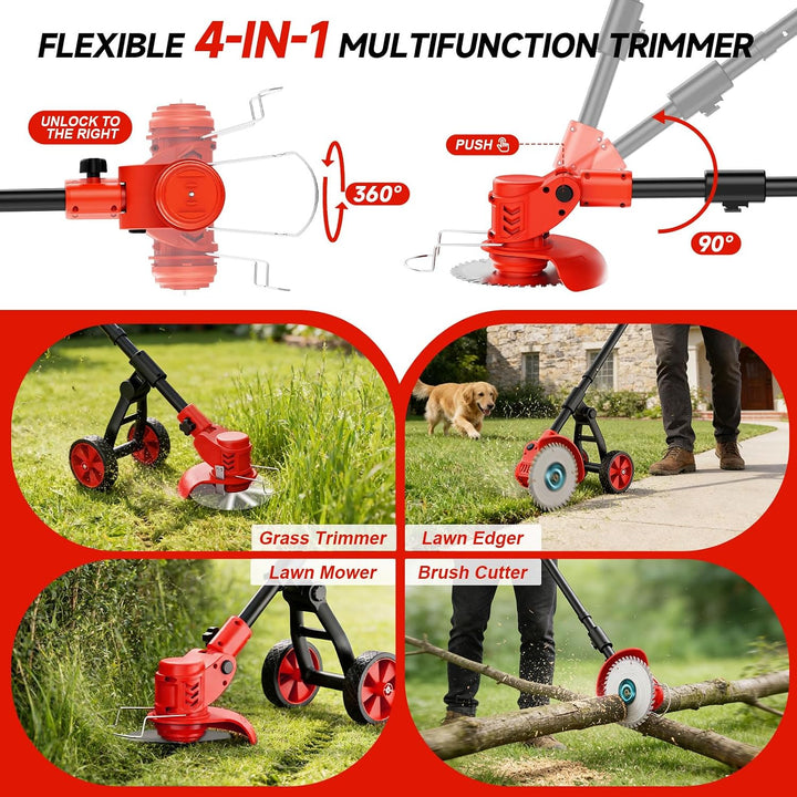 4 in 1 Rasentrimmer mit Akku,Rasenkantenschneider mit 2 × 2,0 Ah Batterie und Ladegerät,90°Drehkopf,