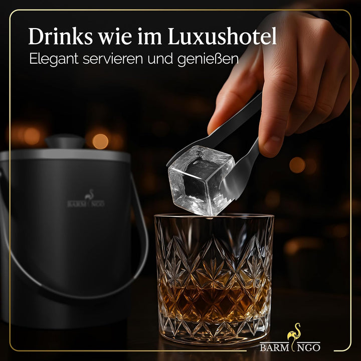 BARMINGO Edelstahl Eiswürfelbehälter mit Deckel - 2l Eisbehälter mit Sieb, Eiswürfelform, Zange | Ei