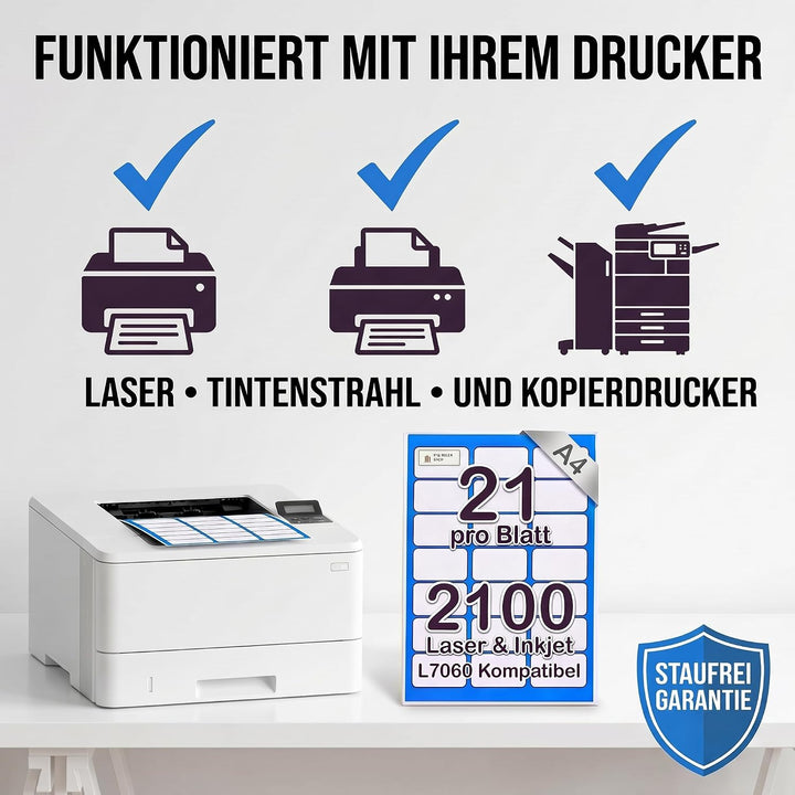 [2100 Etiketten] Etiketten Selbstklebend Bedruckbar A4 21 Pro Blatt | Adressetiketten Selbstklebend
