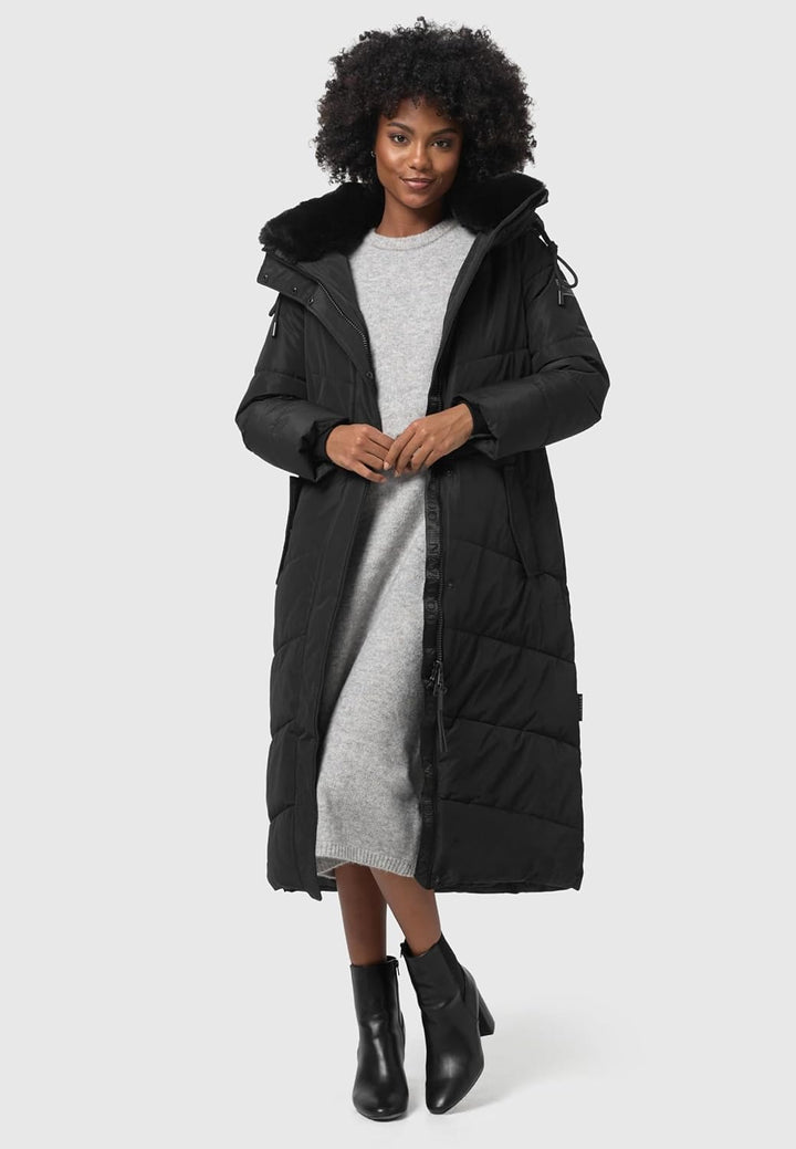 Navahoo Damen Wintermantel Steppmantel extralang mit Abnehmbarer Kapuze Hingucker XIV XS-XXL XS Schw