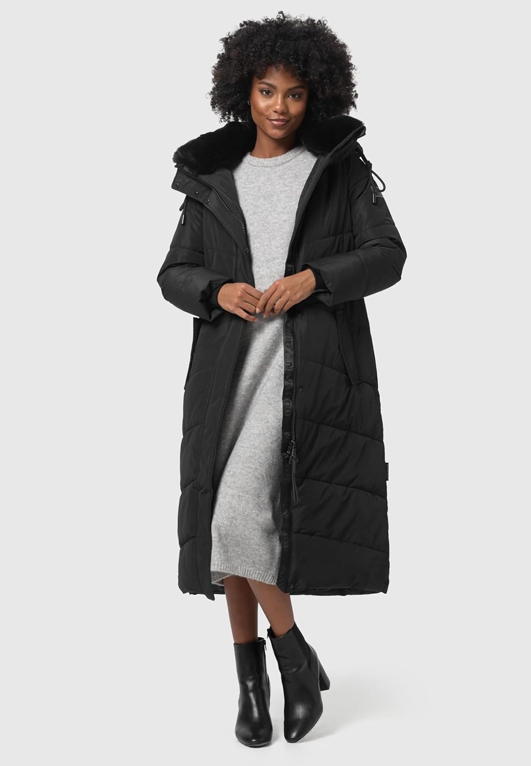 Navahoo Damen Wintermantel Warmer Steppmantel extralang mit Abnehmbarer Kapuze Hingucker XIV XS-XXL