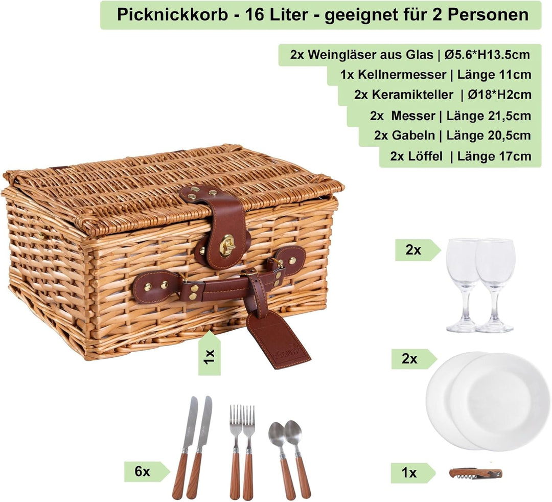 eGenuss Handgefertigtes Picknickkorb für 2 Personen mit Kühlfach, Multifunktionsmesser, Edelstahlbes