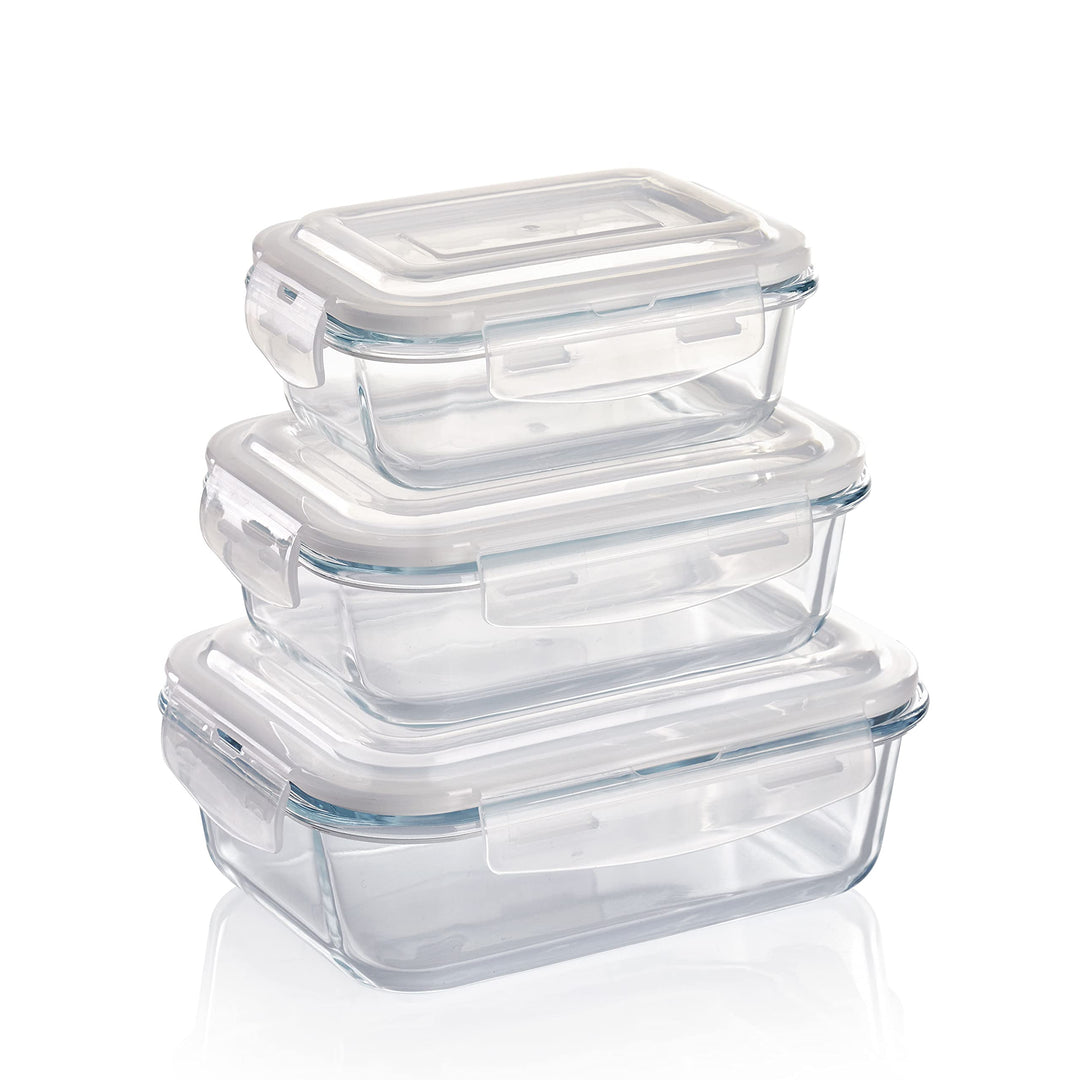 Grizzly Glas Frischhaltedosen, 3er Set, 370 ml, 640 ml, 1040 ml, luftdicht, quadratisch, Click-Versc