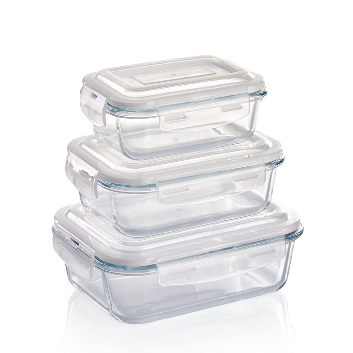 Grizzly Glas Frischhaltedosen, 3er Set, 370 ml, 640 ml, 1040 ml, luftdicht, quadratisch, Click-Versc
