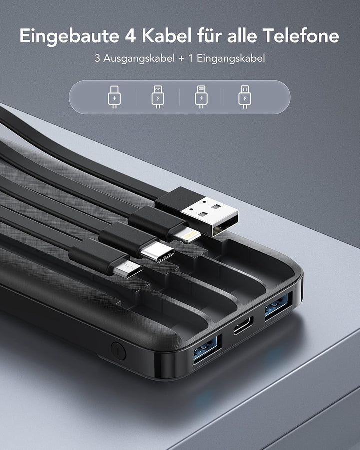 Charmast Powerbank 10000mAh Externer Akku USB C Power Bank mit 4 integriertes Ladekabel Tragbares La