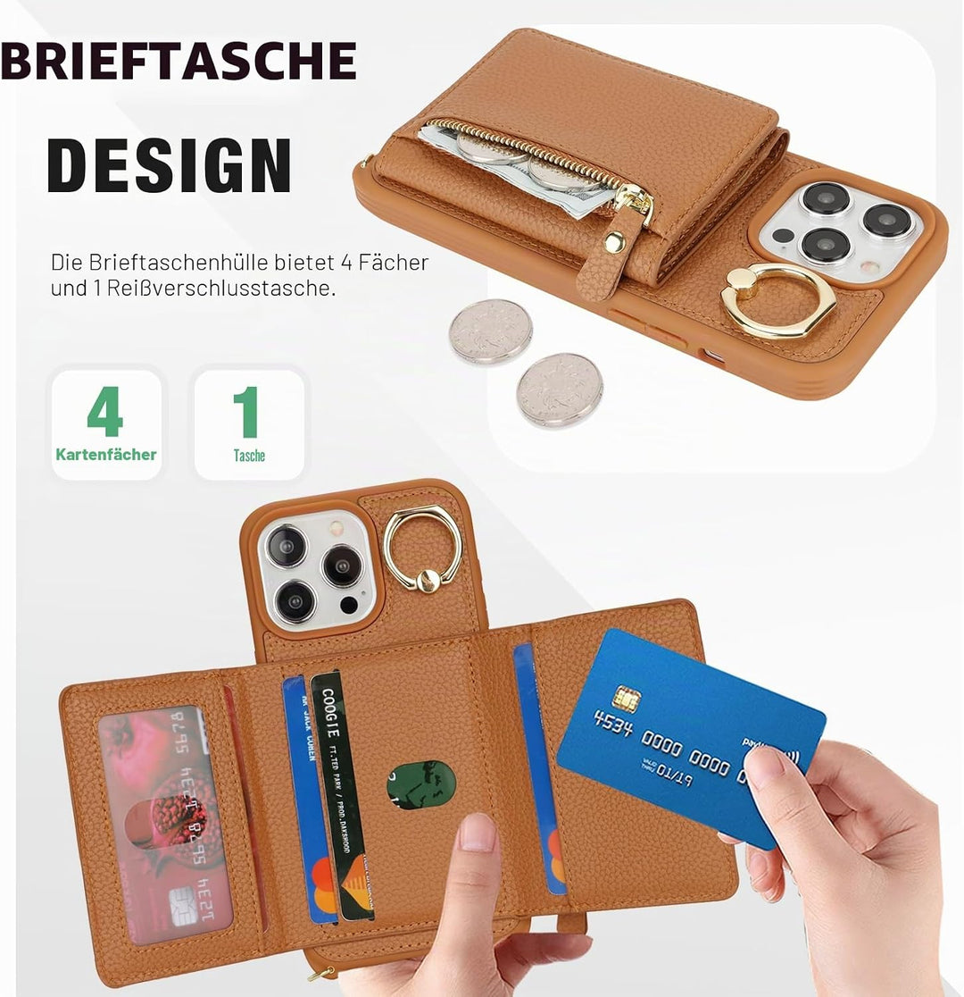 ELTEKER Handyhülle für iPhone 15 Pro Max Hülle mit Band Kartenfach Handykette Ringhalterung Geldbörs
