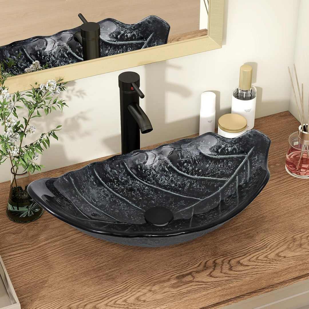 YU YUSING Aufsatzwaschbecken Waschbecken Glas Waschtisch Waschschale mit Wasserhahn Set, Blattförmig