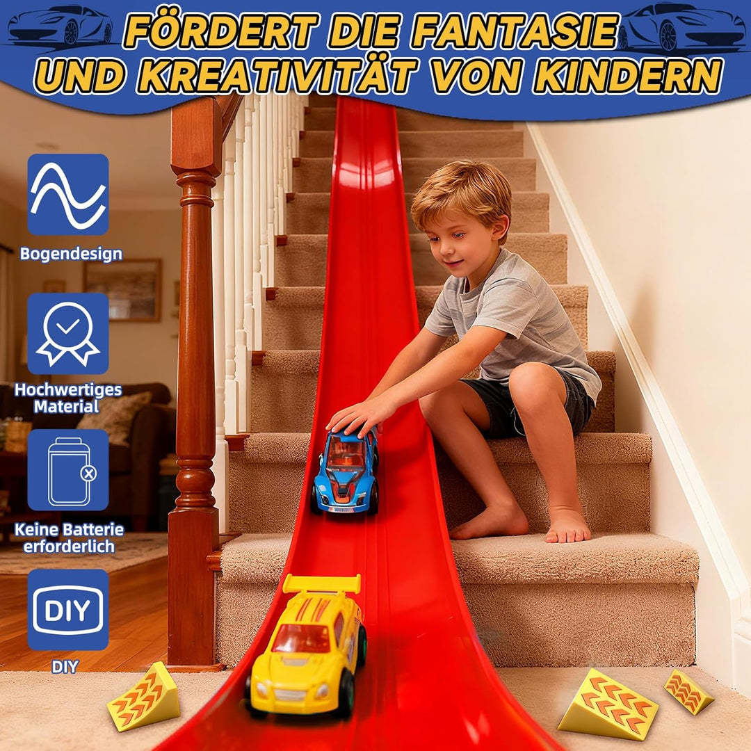 Flexible Rennbahn Kinder 5M, Autorennbahn für Kinder mit 4 Autos, Aufbewahrungstasche, Katapult, Ren