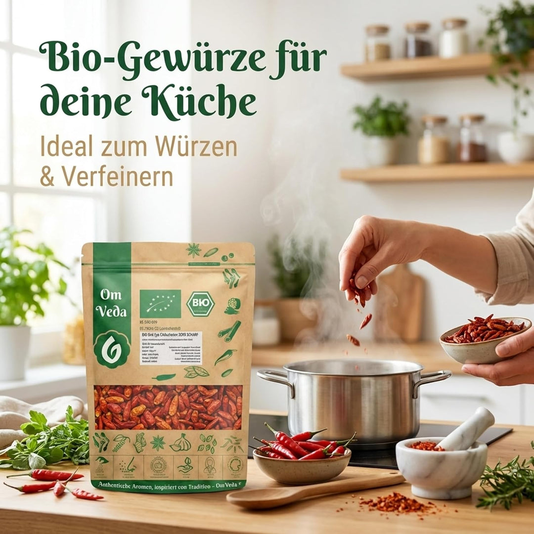 BIO Chilischoten | Birds Eye Chili Ganz | Sehr Scharf Schärfegrad 9 | Rote Getrocknete Chili Schoten