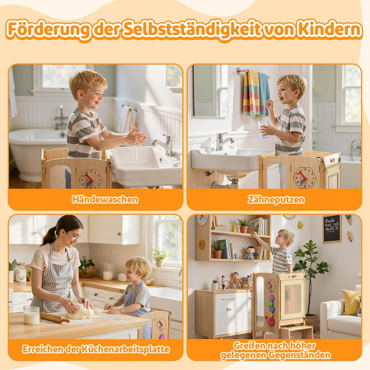 Lernturm Klappbar ab 1 Jahr, 5 in 1 Multifunktionaler Lernturm aus Holz mit Tafel, Montessori Learni